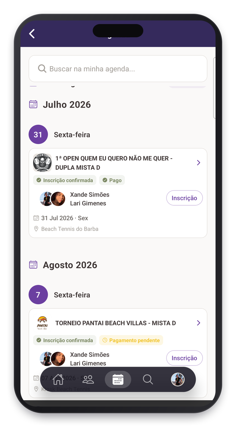 Eventos e agenda de jogos no Smatch
